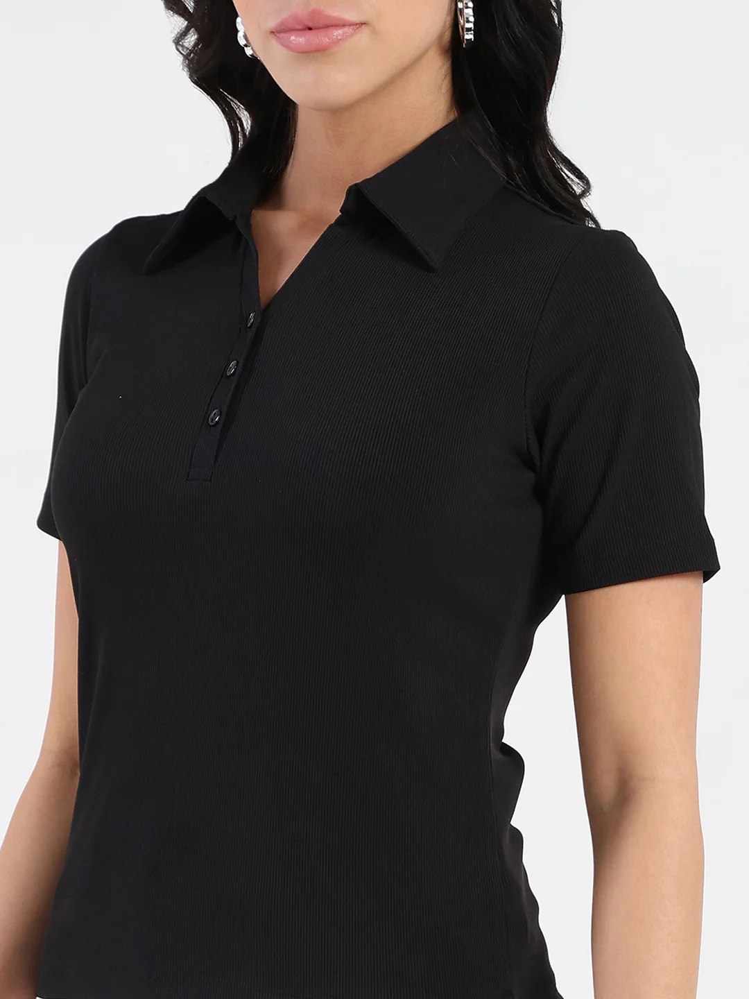 Madame Solid Black Polo Pique T-shirt - Image 7