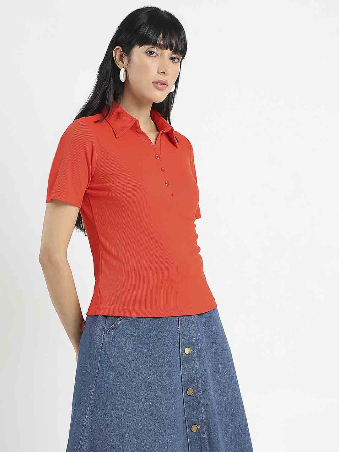 Madame Solid Red Polo Pique T-Shirt - Image 3