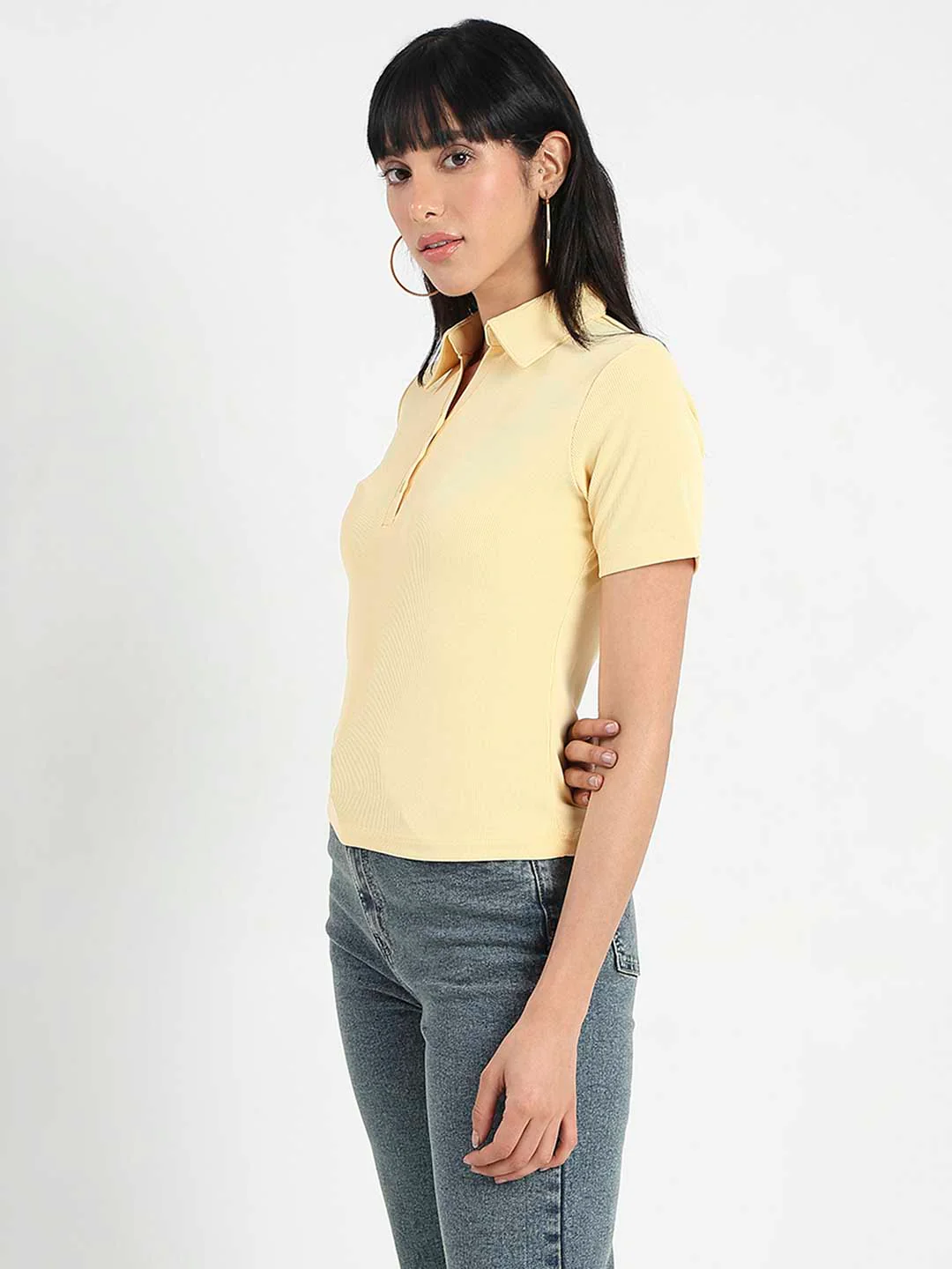 Madame Solid Yellow Polo Pique T-Shirt - Image 2