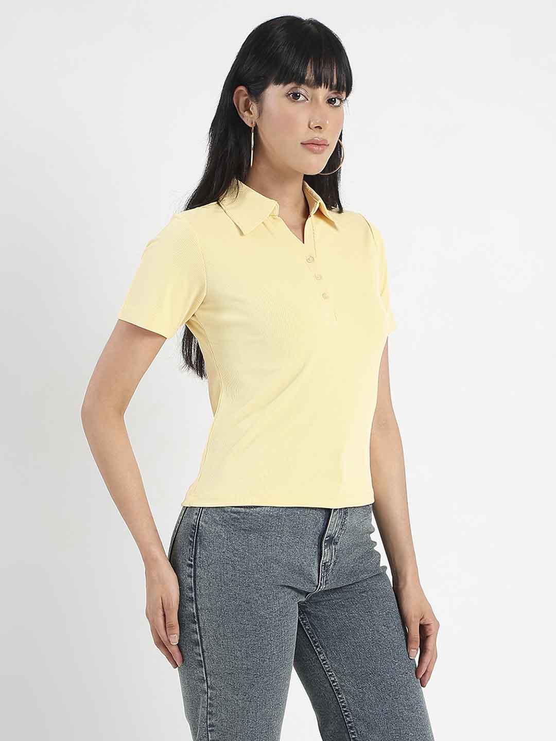 Madame Solid Yellow Polo Pique T-Shirt - Image 3