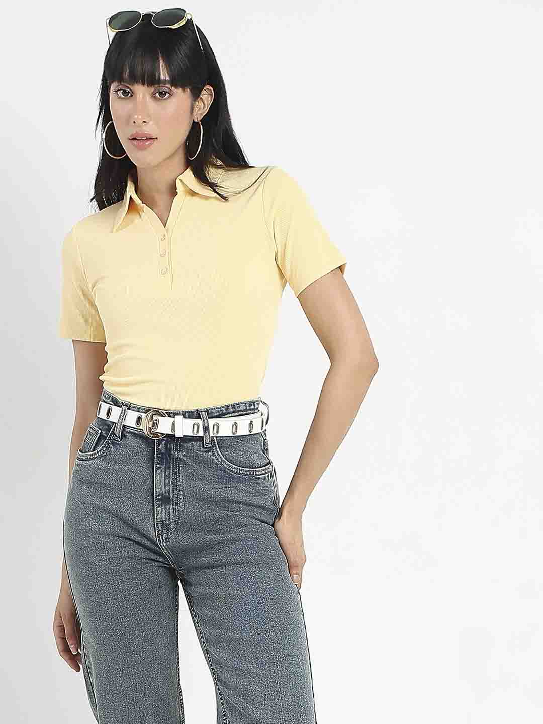 Madame Solid Yellow Polo Pique T-Shirt - Image 6