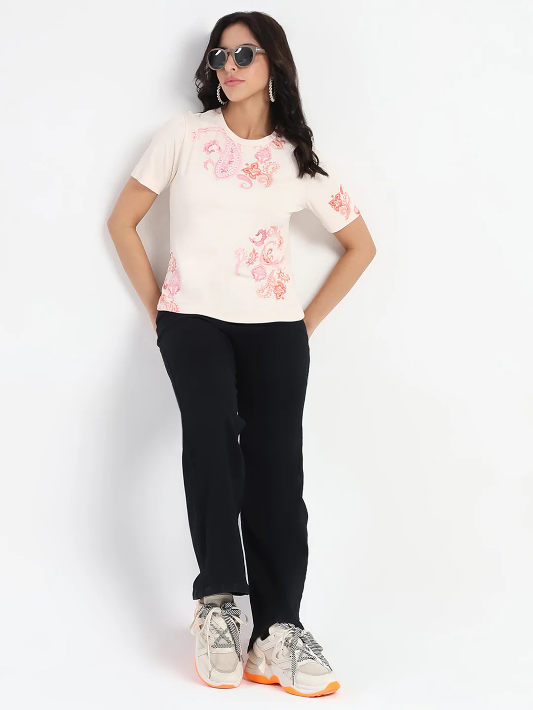 Madame Placement Sublimation Print Peach Smooth Rib T-Shirt