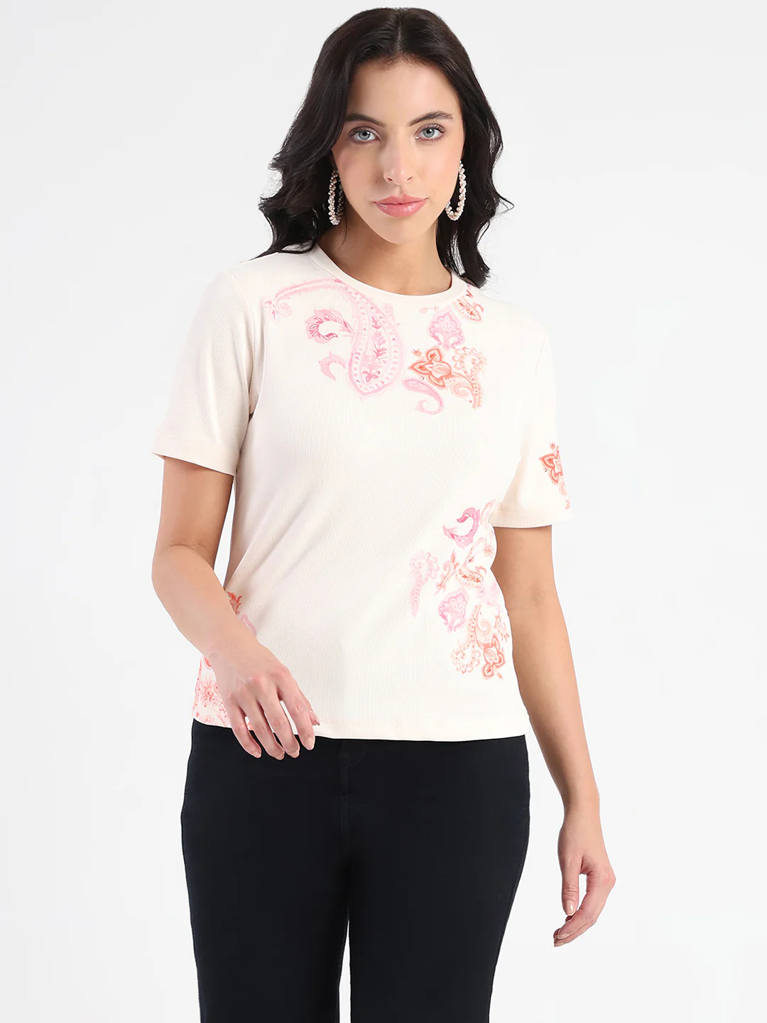 Madame Placement Sublimation Print Peach Smooth Rib T-Shirt - Image 2