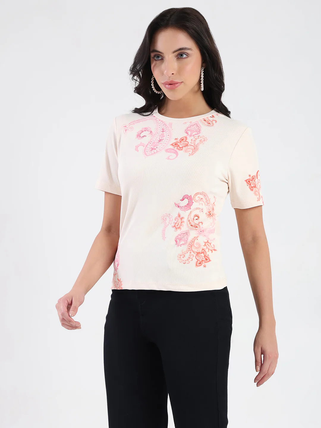 Madame Placement Sublimation Print Peach Smooth Rib T-Shirt - Image 4
