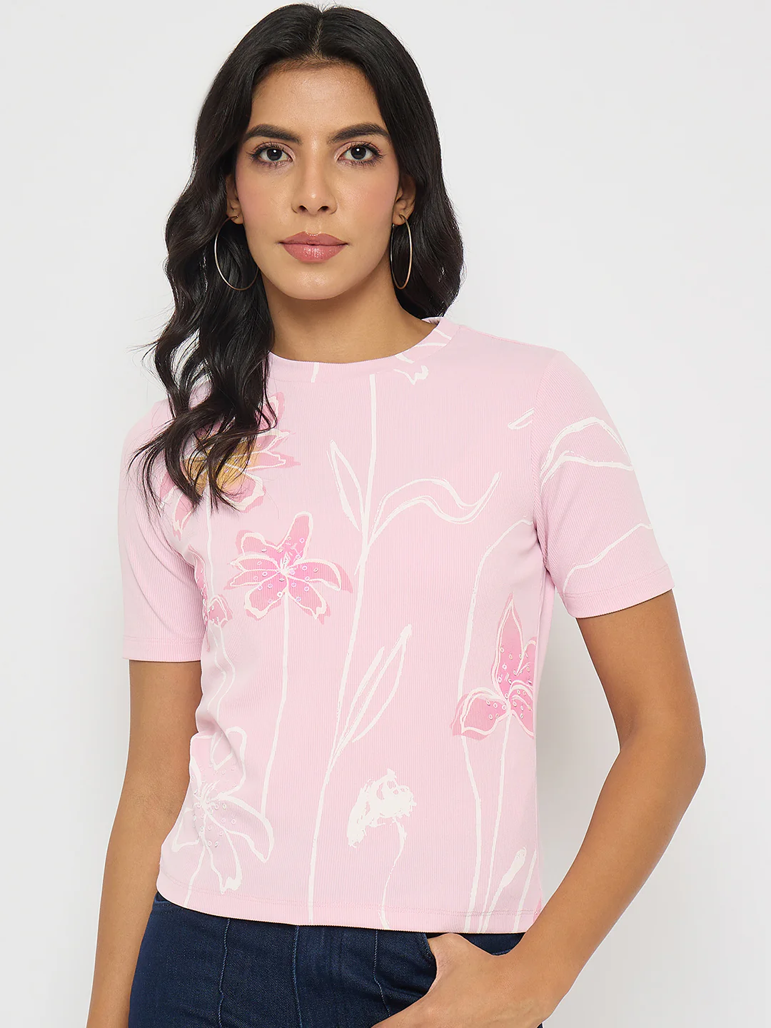 Madame Floral Print Sequin Detailed Pink T-Shirt - Image 3