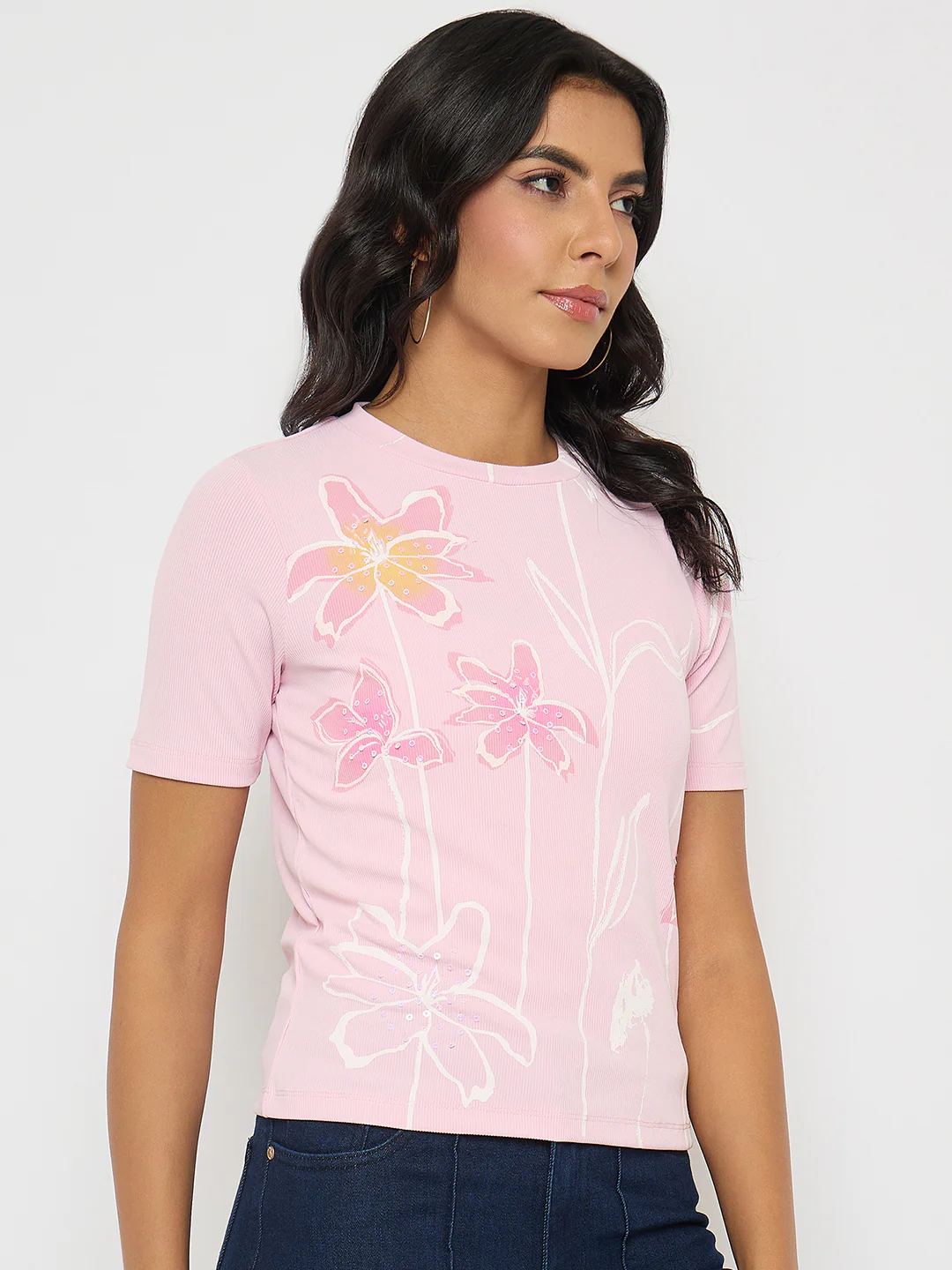 Madame Floral Print Sequin Detailed Pink T-Shirt - Image 4