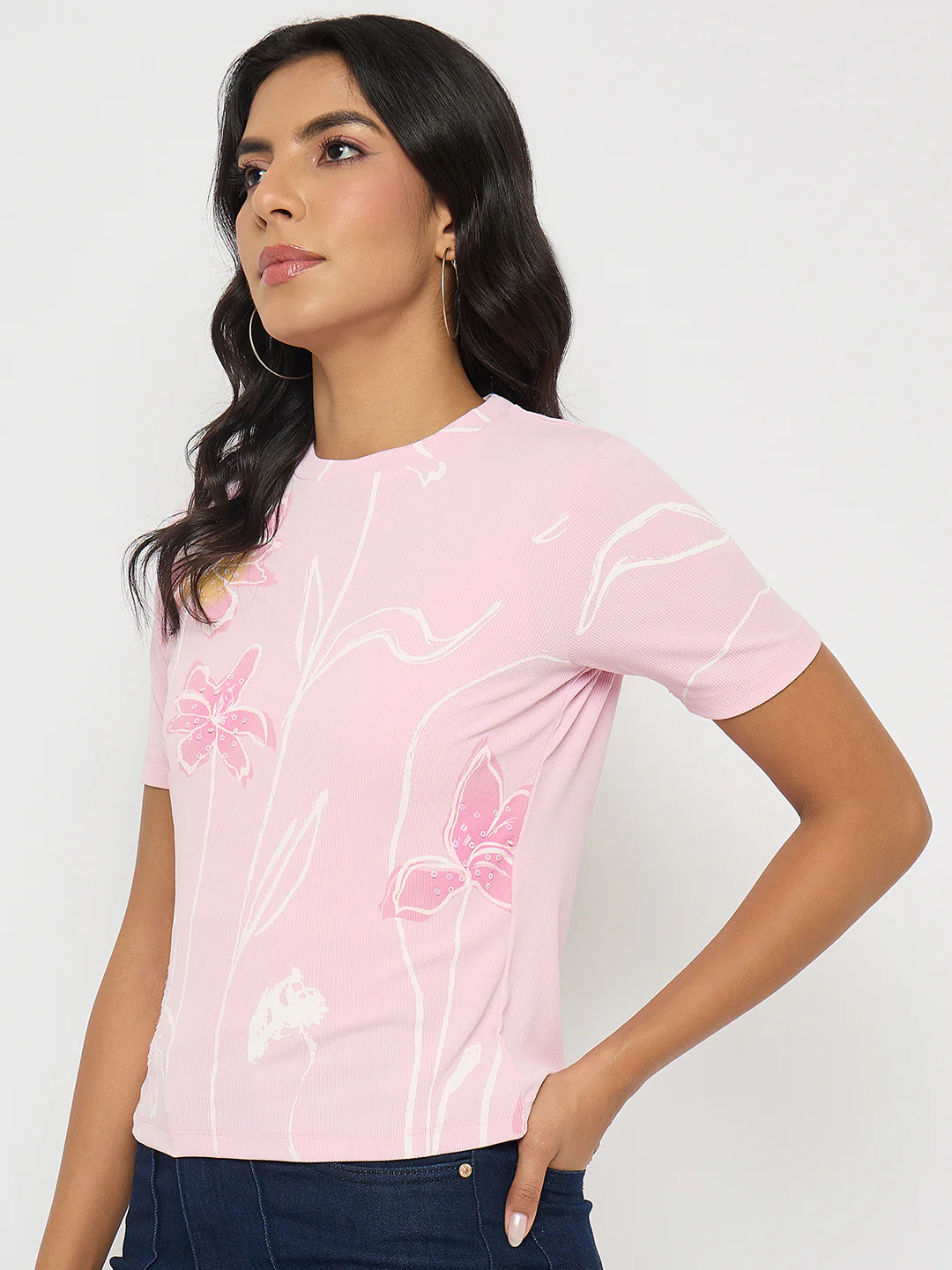 Madame Floral Print Sequin Detailed Pink T-Shirt - Image 5