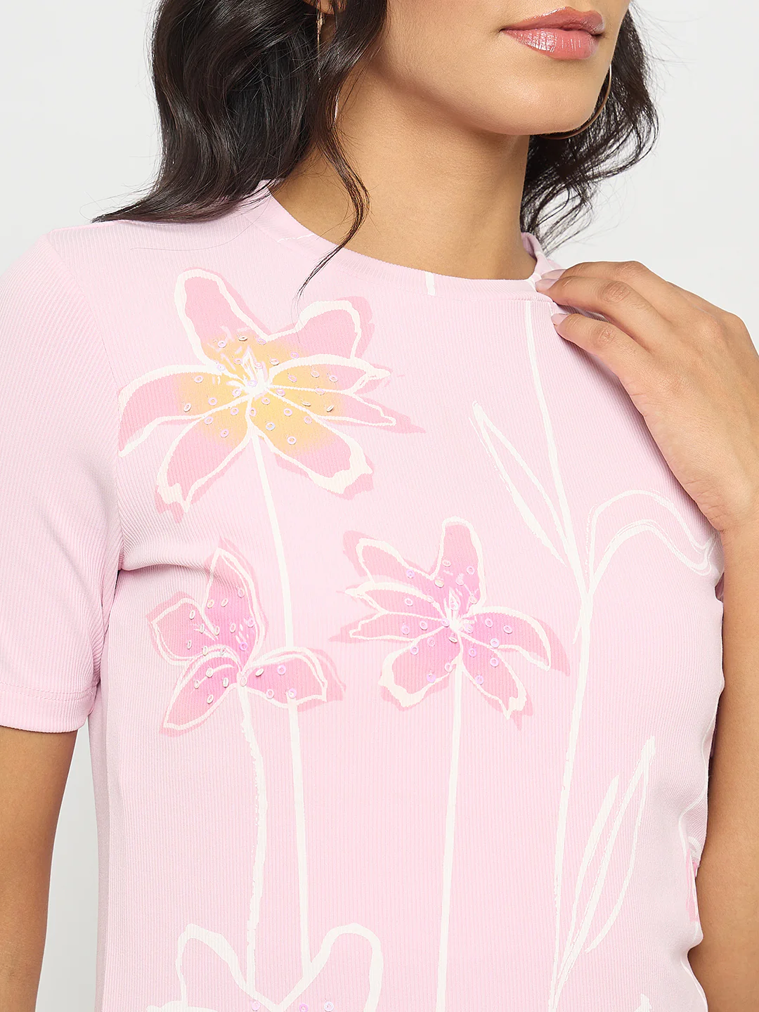 Madame Floral Print Sequin Detailed Pink T-Shirt - Image 7