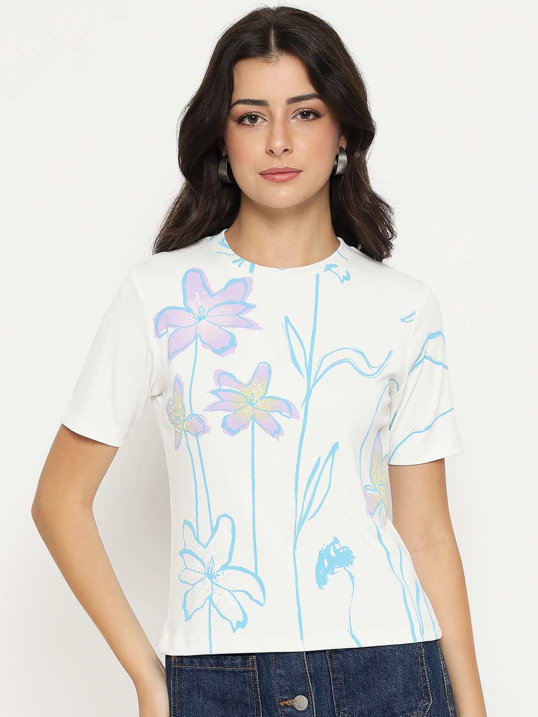 Madame Floral Print Sequin Detailed White T-Shirt - Image 3