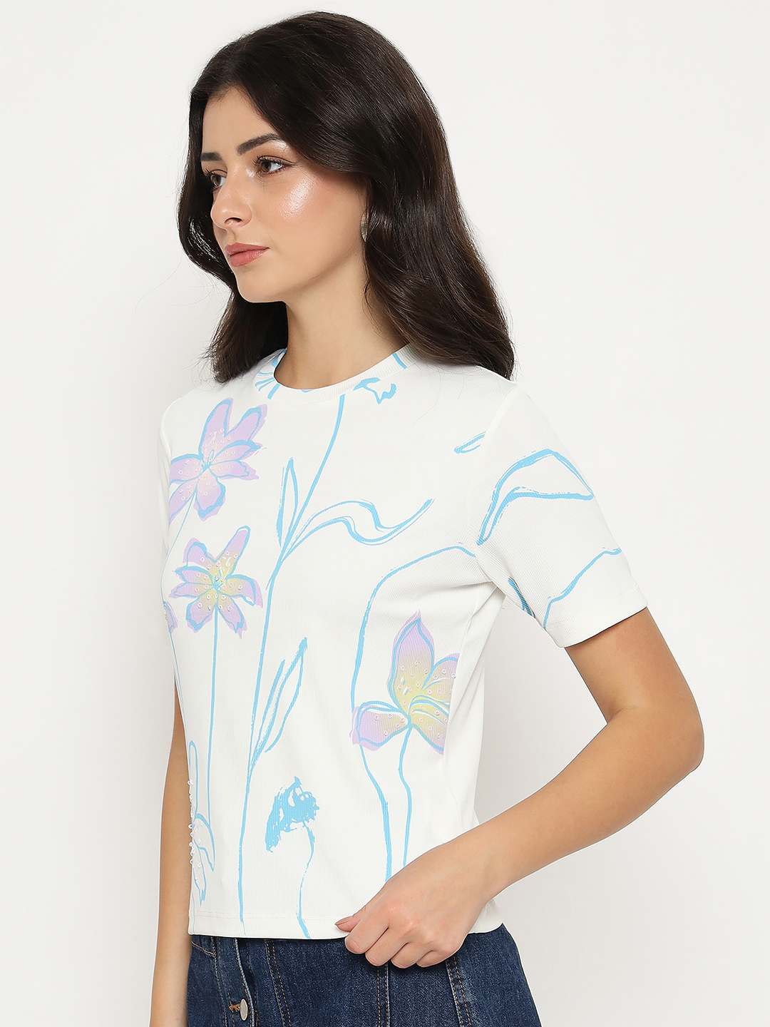 Madame Floral Print Sequin Detailed White T-Shirt - Image 5