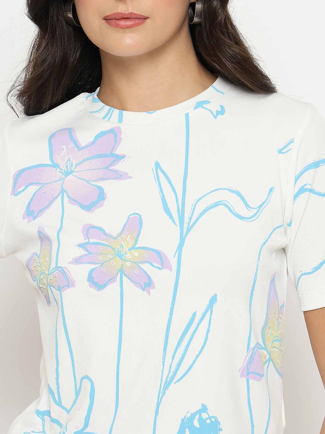 Madame Floral Print Sequin Detailed White T-Shirt - Image 7