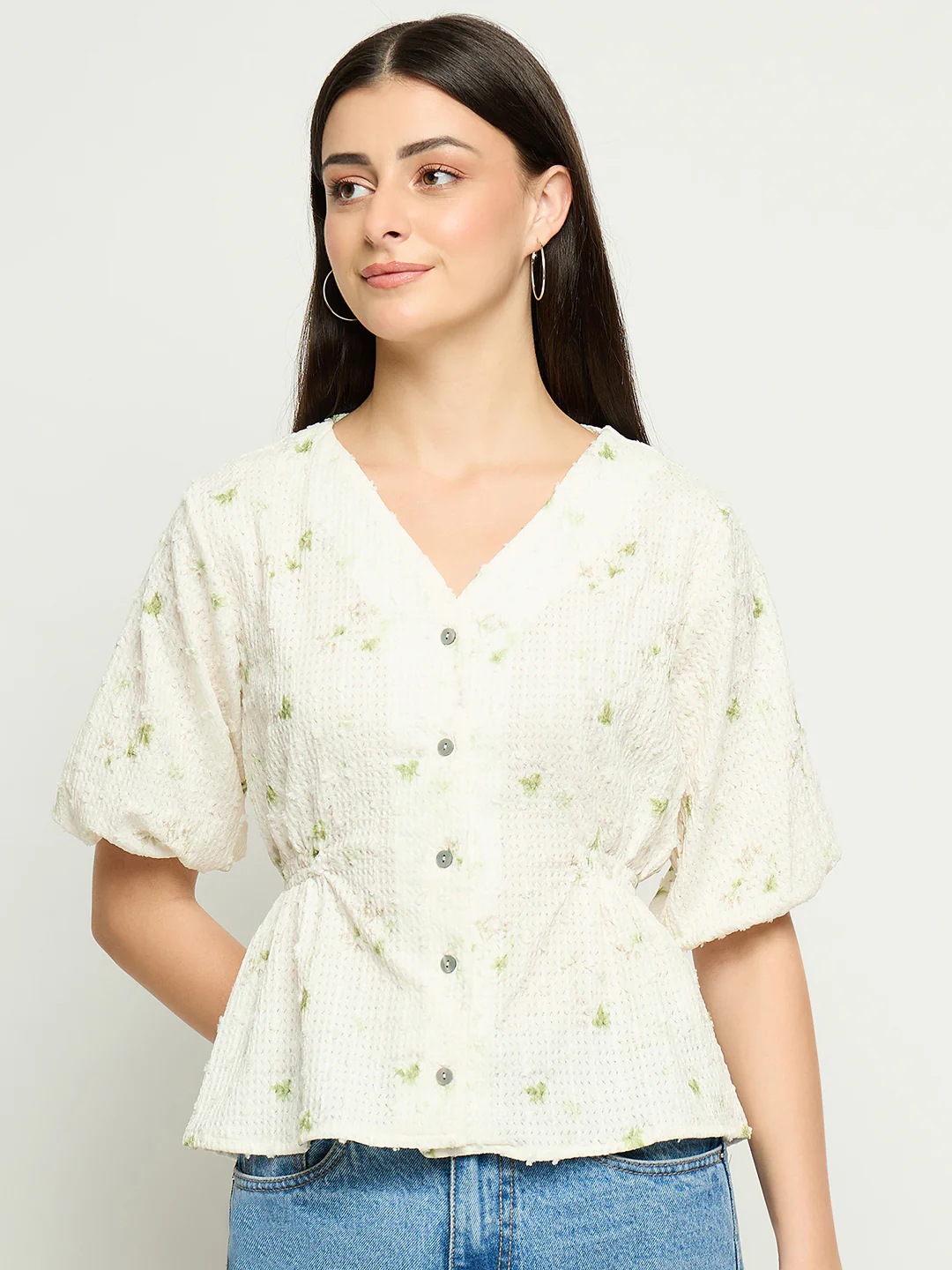 Madame Printed V Neck Green Top - Image 3