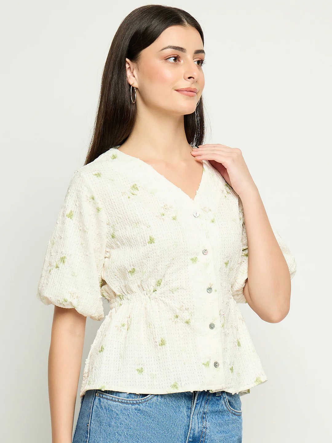 Madame Printed V Neck Green Top - Image 4