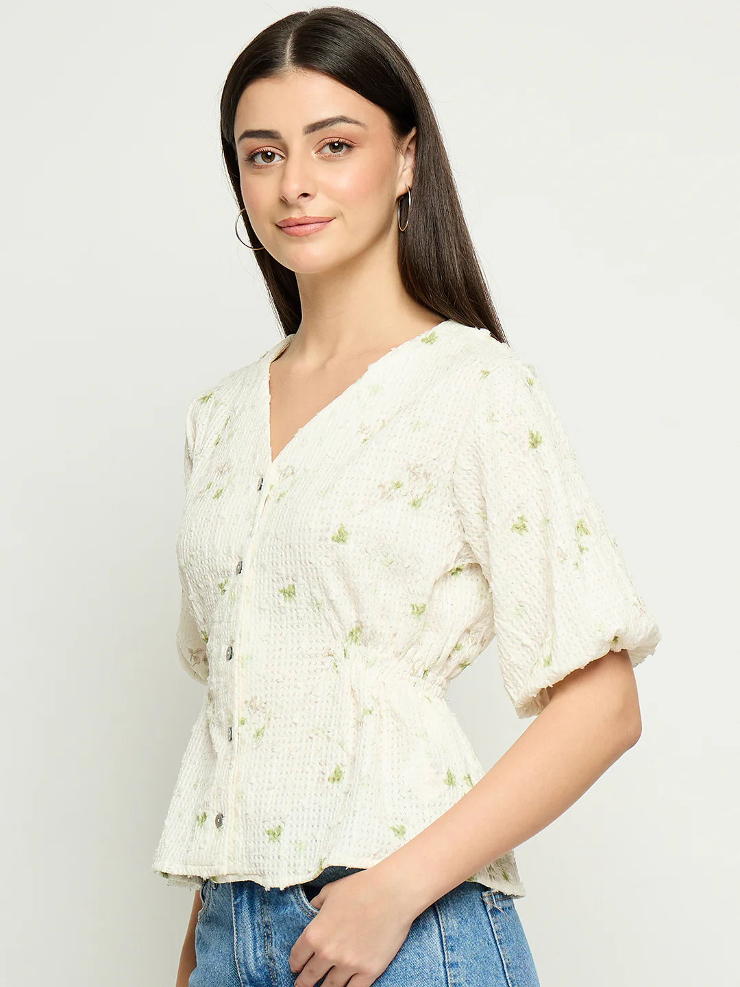 Madame Printed V Neck Green Top - Image 5