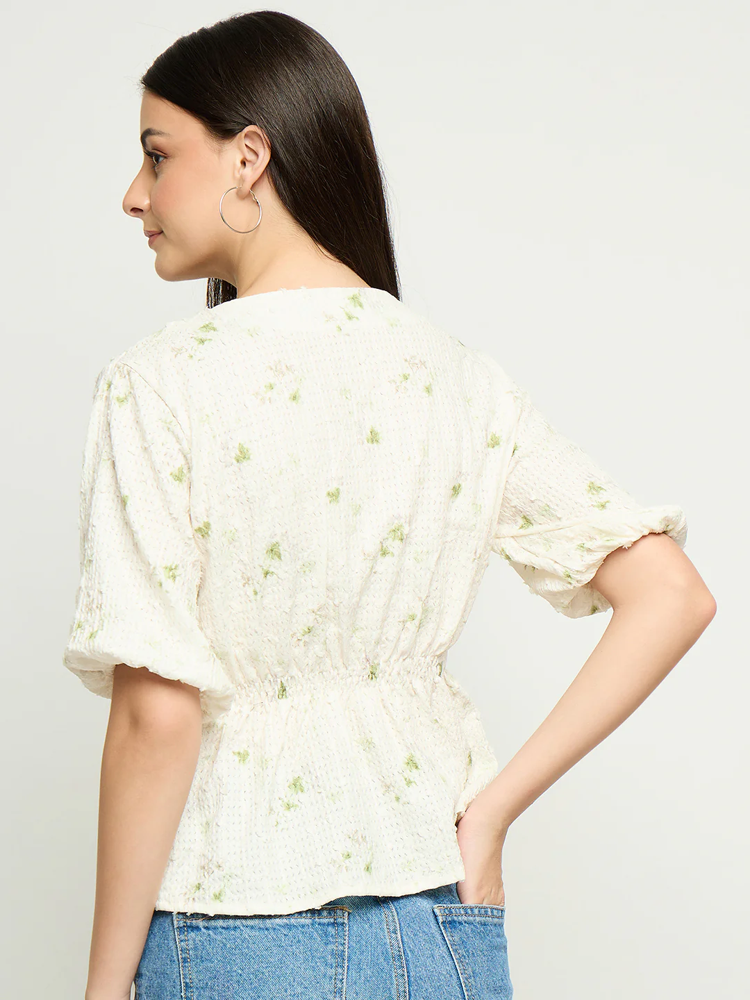 Madame Printed V Neck Green Top - Image 6
