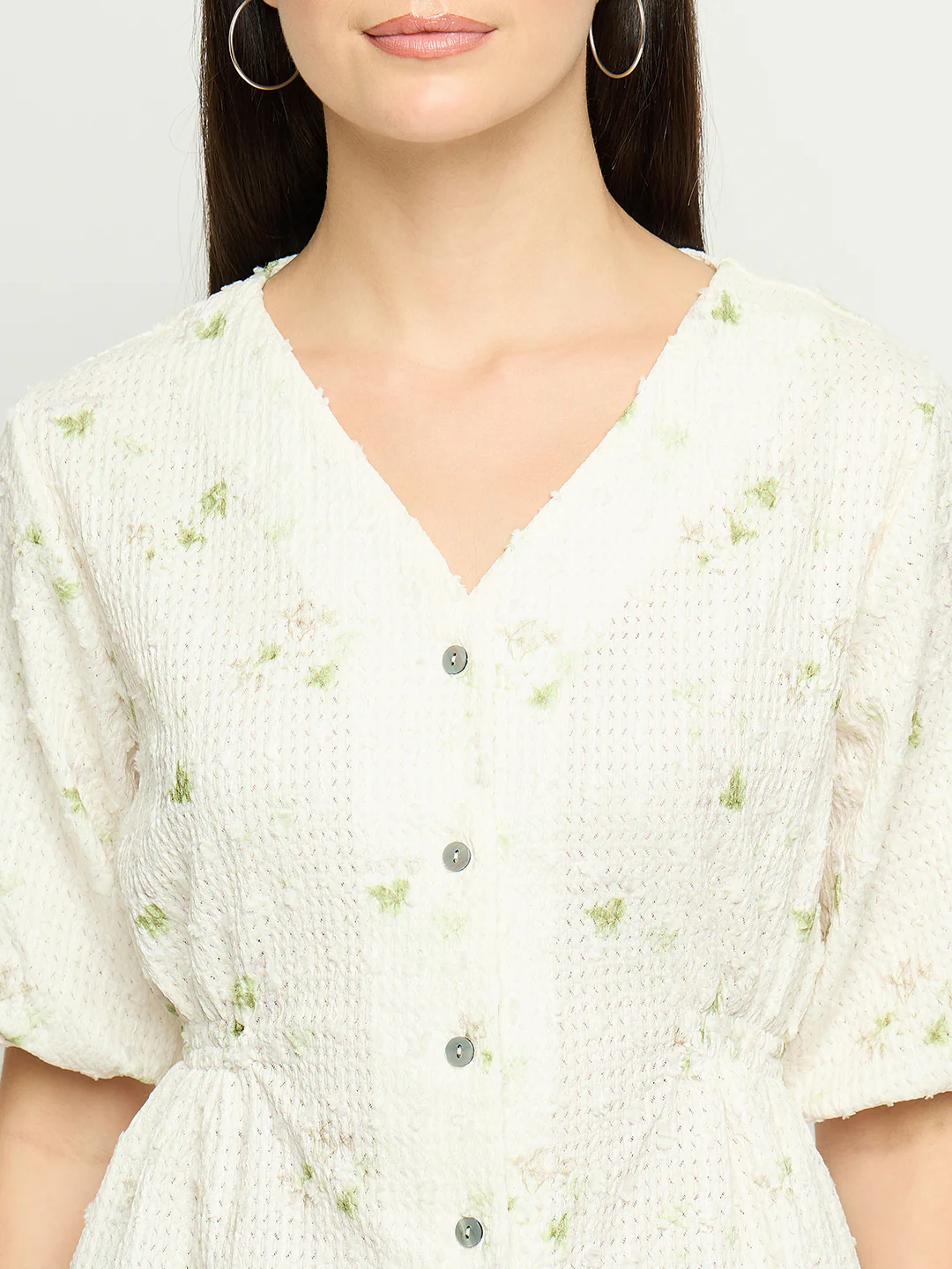 Madame Printed V Neck Green Top - Image 7