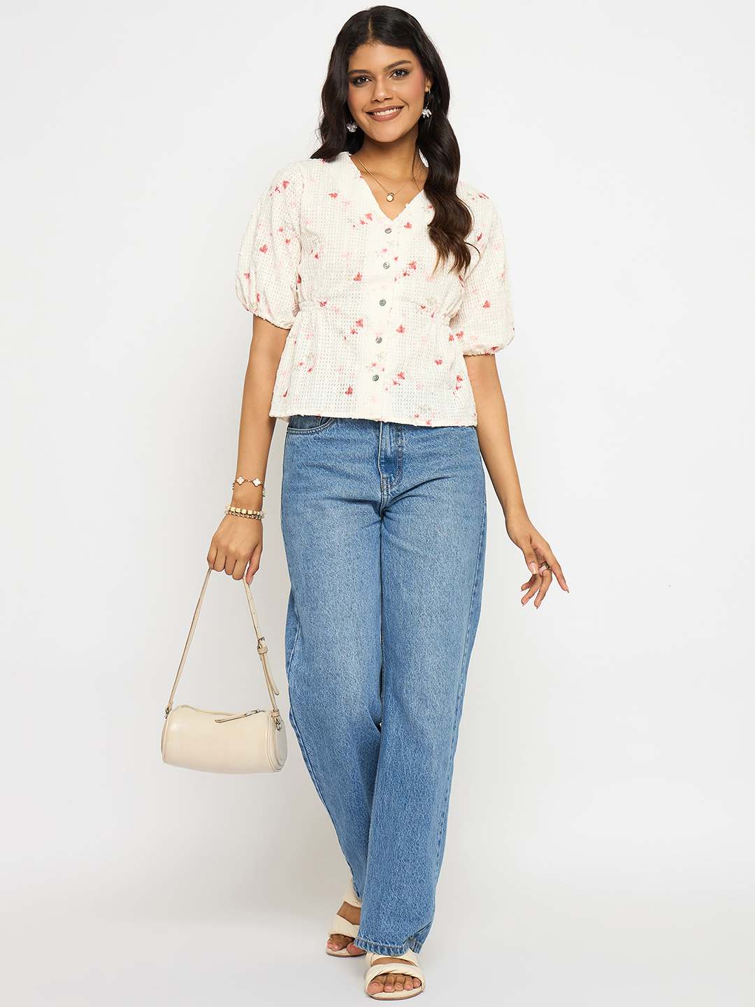 Madame Printed V Neck Red Top - Image 2