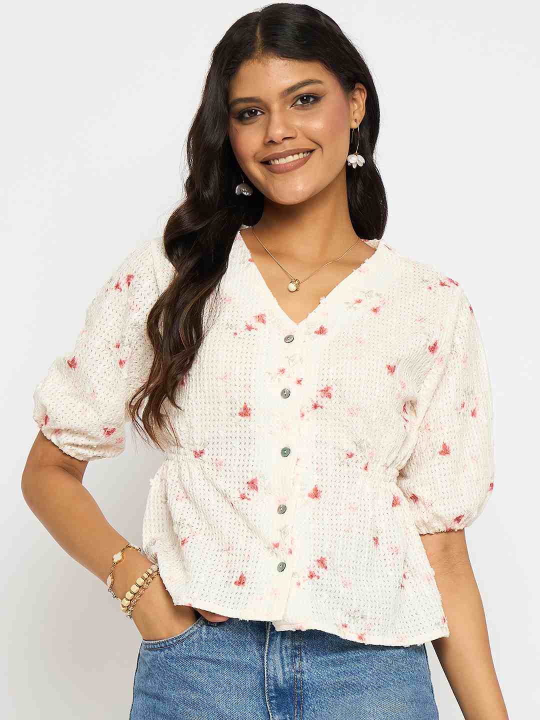 Madame Printed V Neck Red Top - Image 3