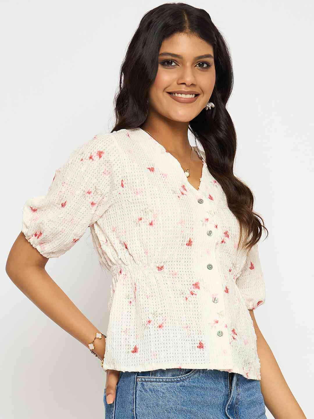 Madame Printed V Neck Red Top - Image 4
