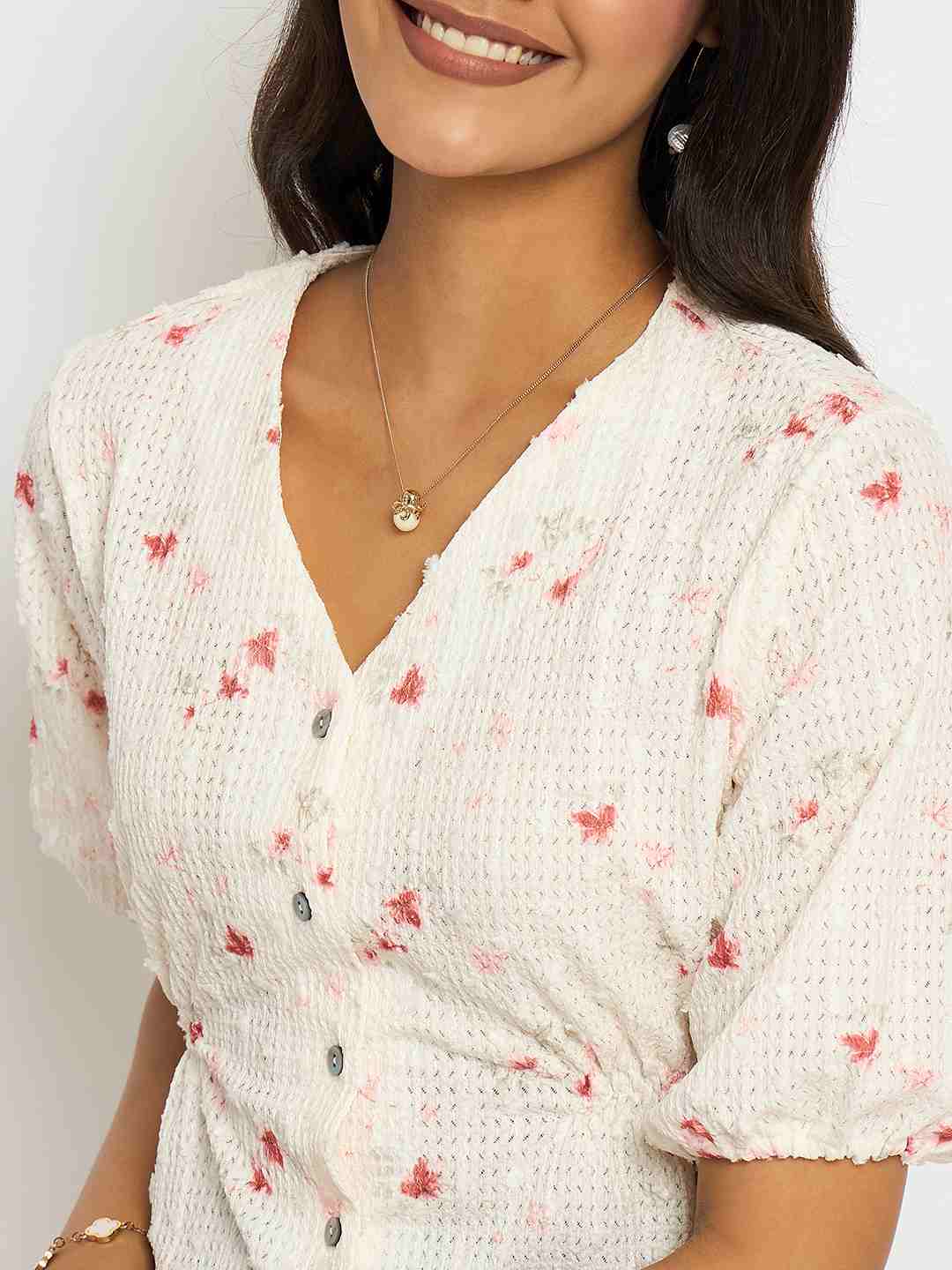 Madame Printed V Neck Red Top - Image 7