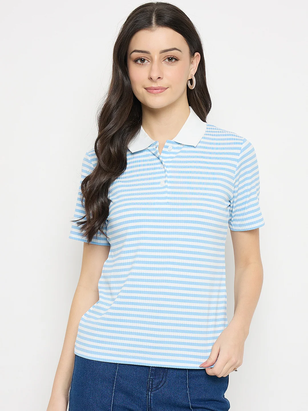 Madame Blue Striped Polo T-Shirt - Image 2