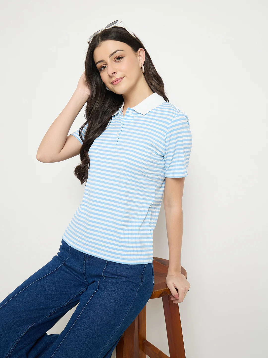 Madame Blue Striped Polo T-Shirt - Image 3