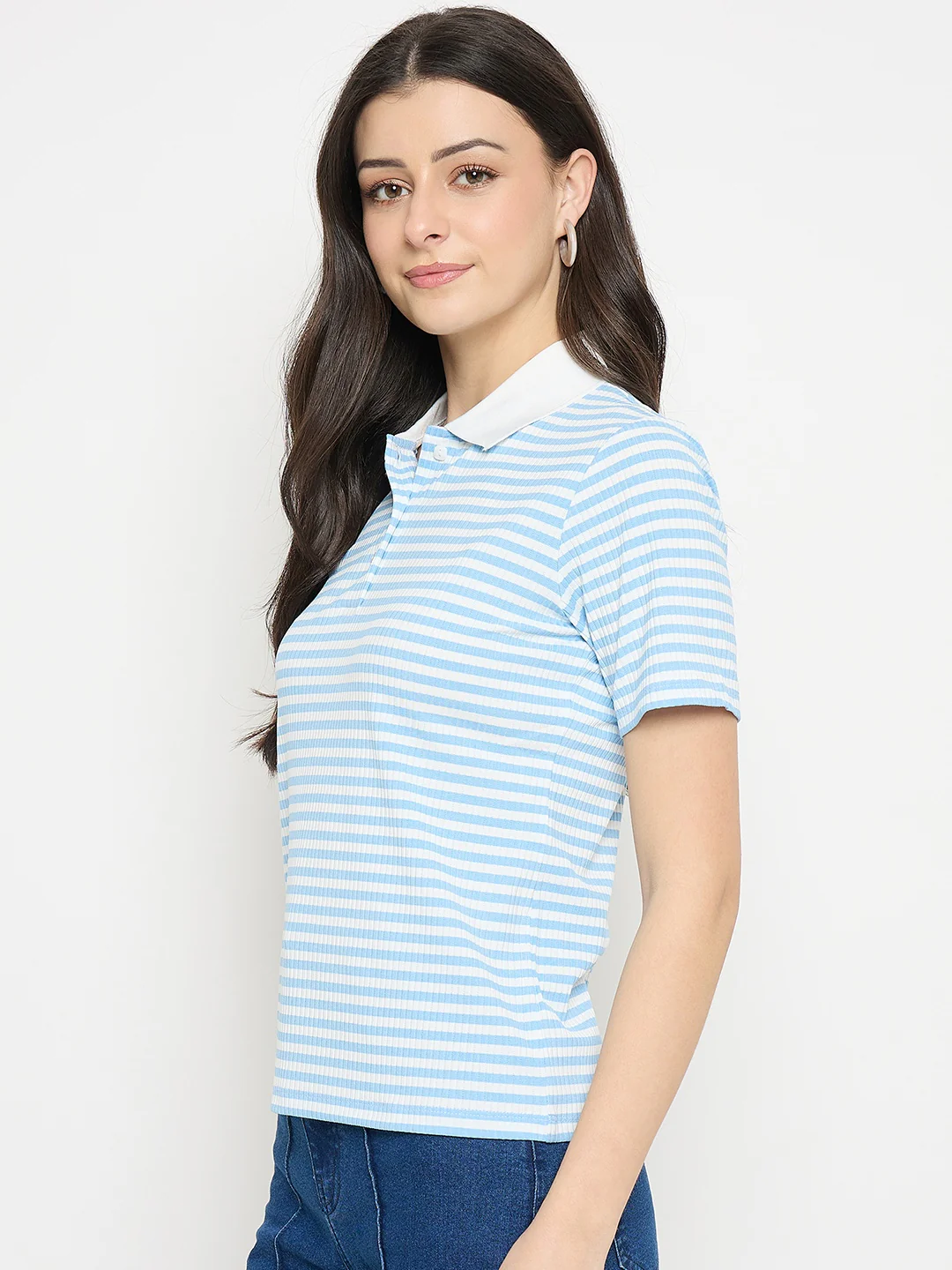 Madame Blue Striped Polo T-Shirt - Image 6