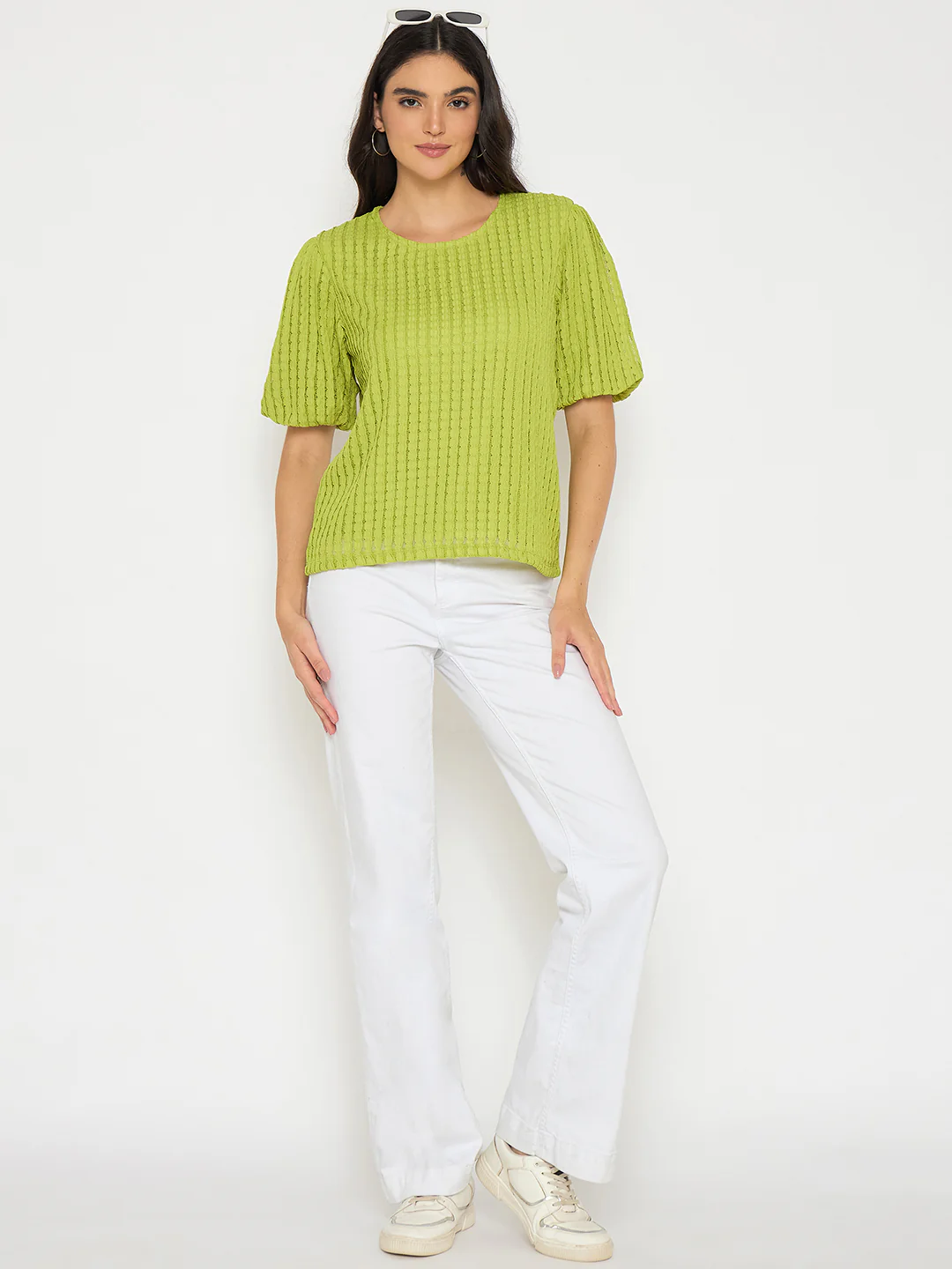 Madame Textured Solid Apple Green Top - Image 2