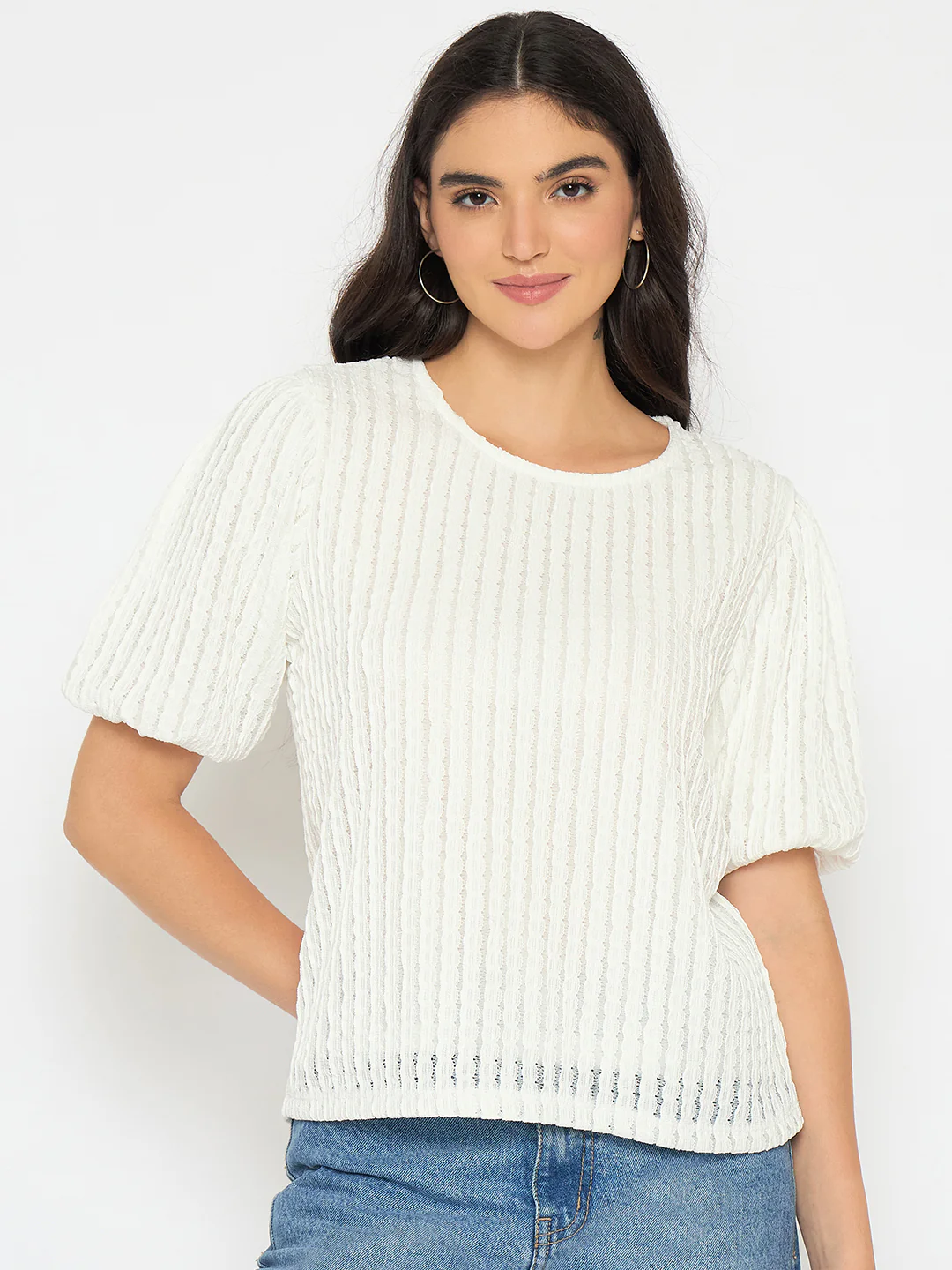 Madame Textured Solid White Top - Image 3