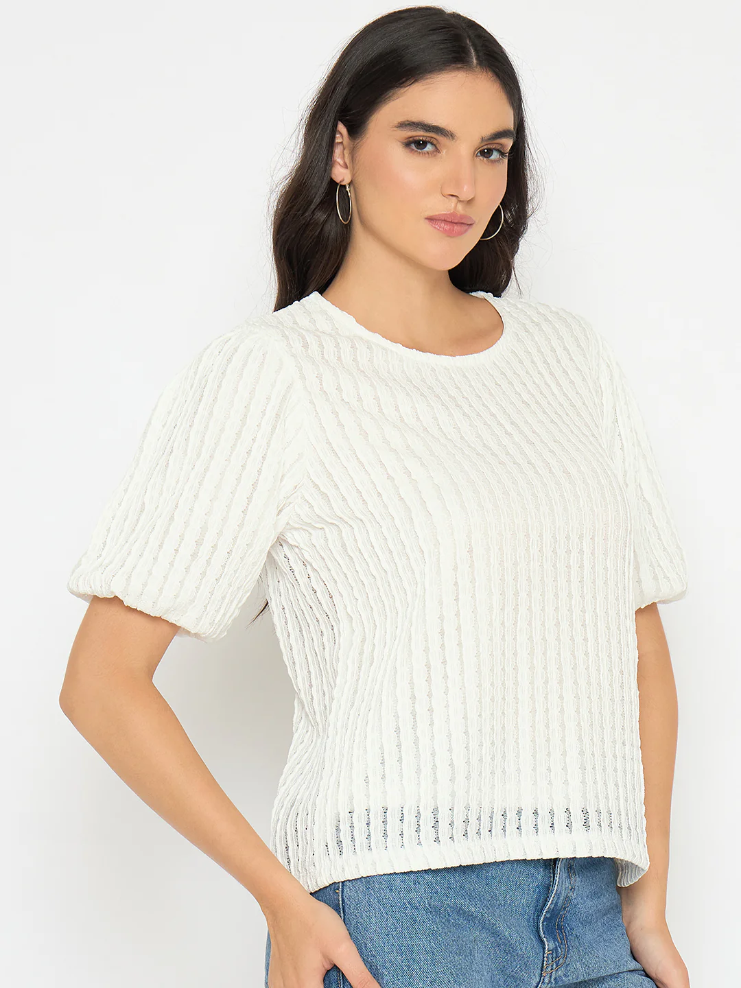 Madame Textured Solid White Top - Image 4