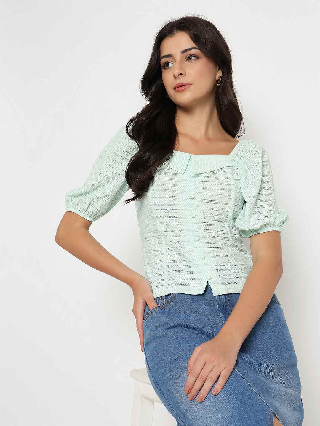 Madame Tie Detail Off Shoulder Turquoise Top