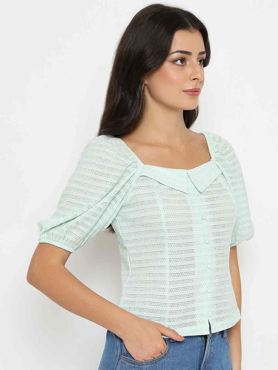 Madame Tie Detail Off Shoulder Turquoise Top - Image 4