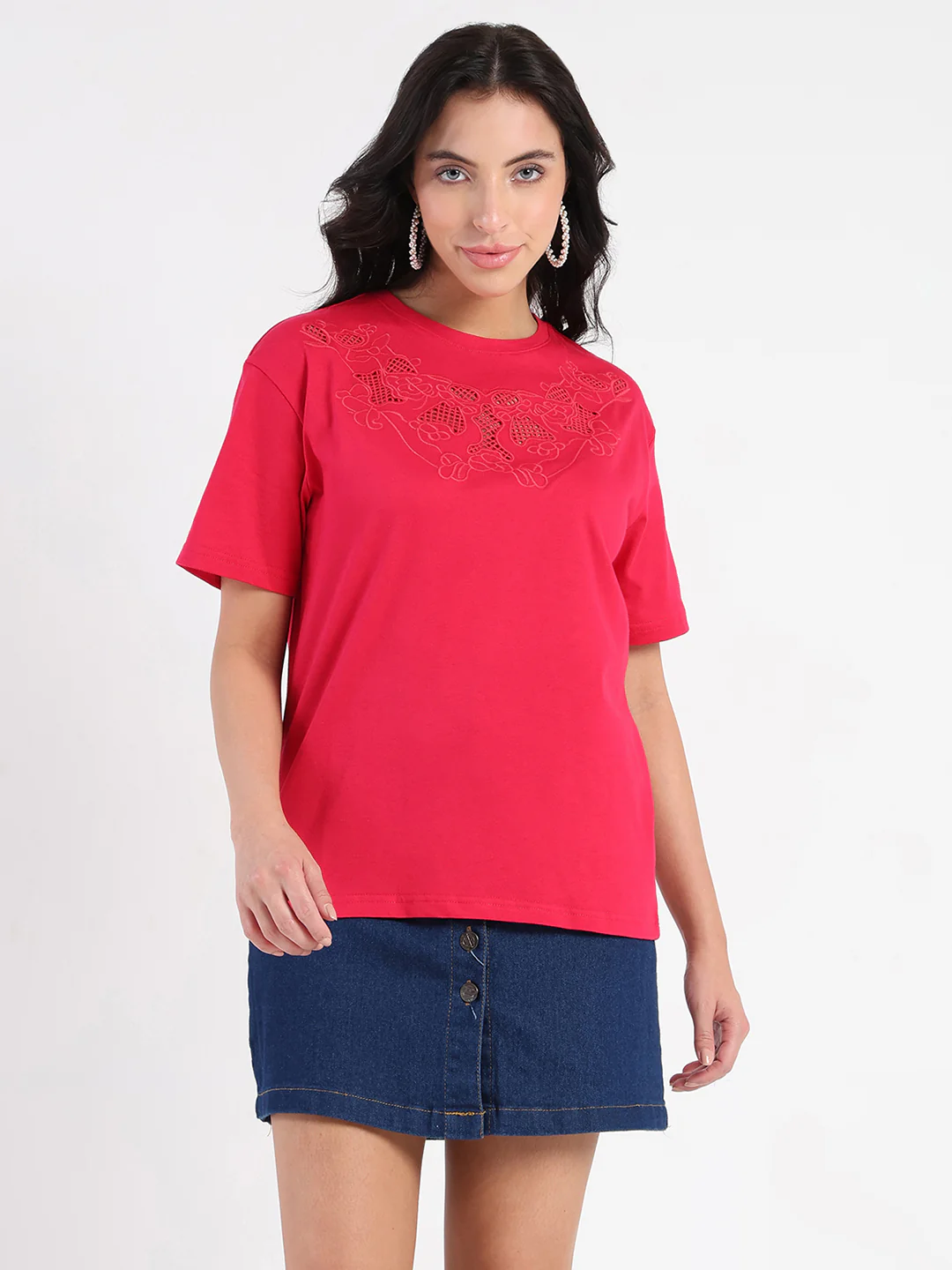 Madame Embroidered Round Neck Red Cotton Lycra T-shirt - Image 2