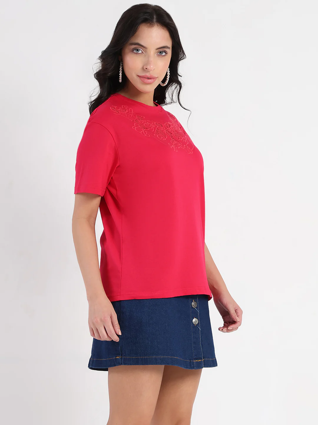 Madame Embroidered Round Neck Red Cotton Lycra T-shirt - Image 3