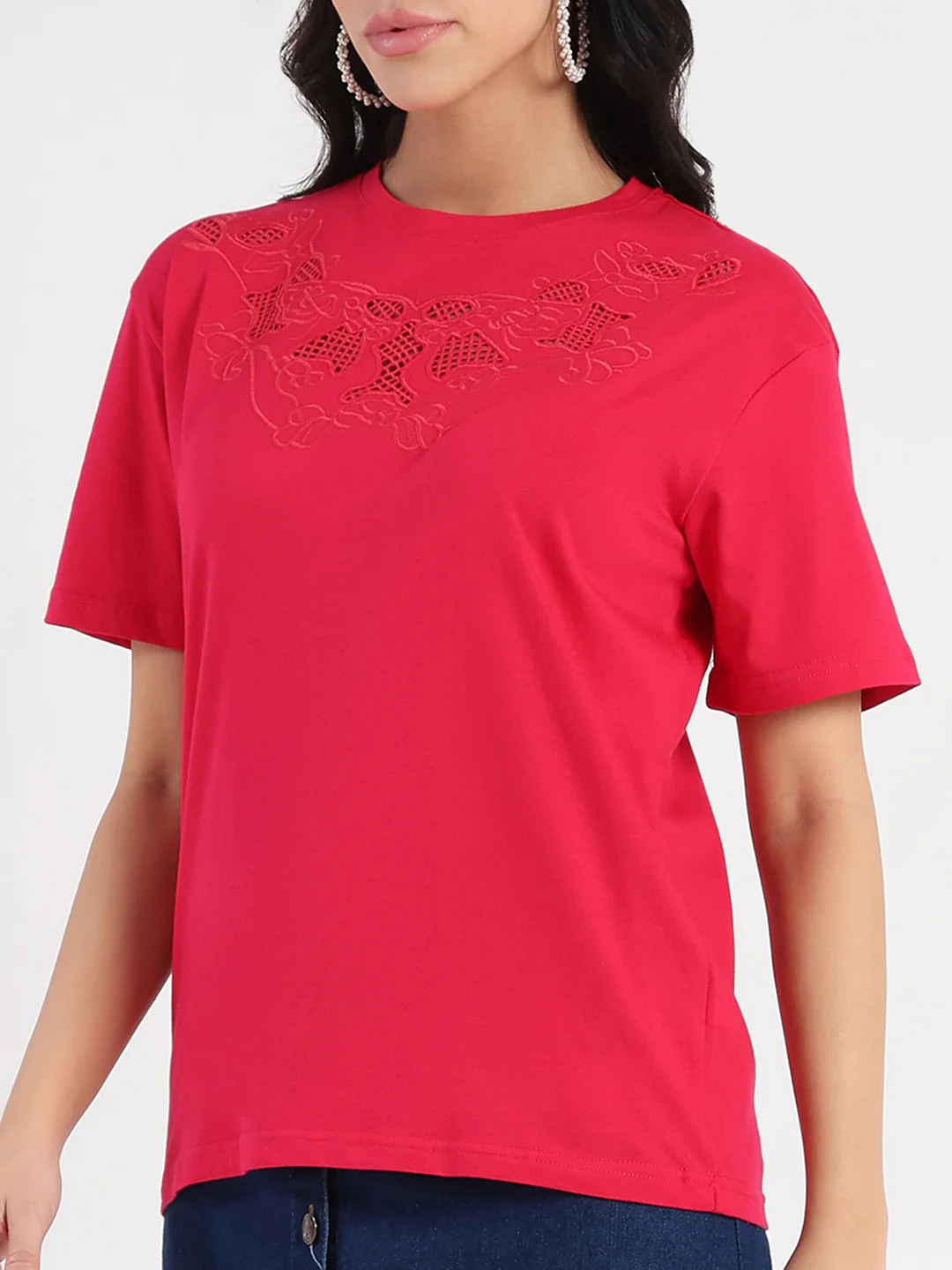Madame Embroidered Round Neck Red Cotton Lycra T-shirt - Image 6