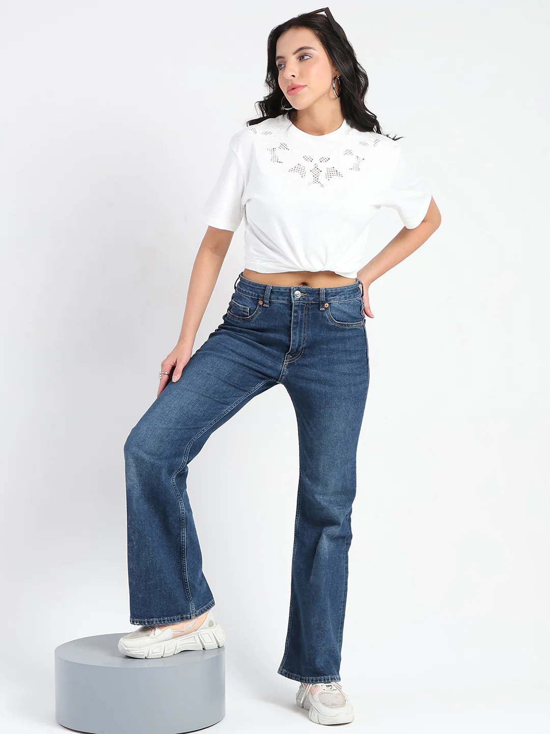 Madame Embroidered Round Neck White Cotton Lycra T-shirt - Image 2