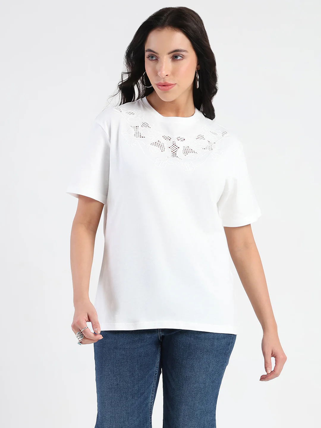 Madame Embroidered Round Neck White Cotton Lycra T-shirt - Image 3