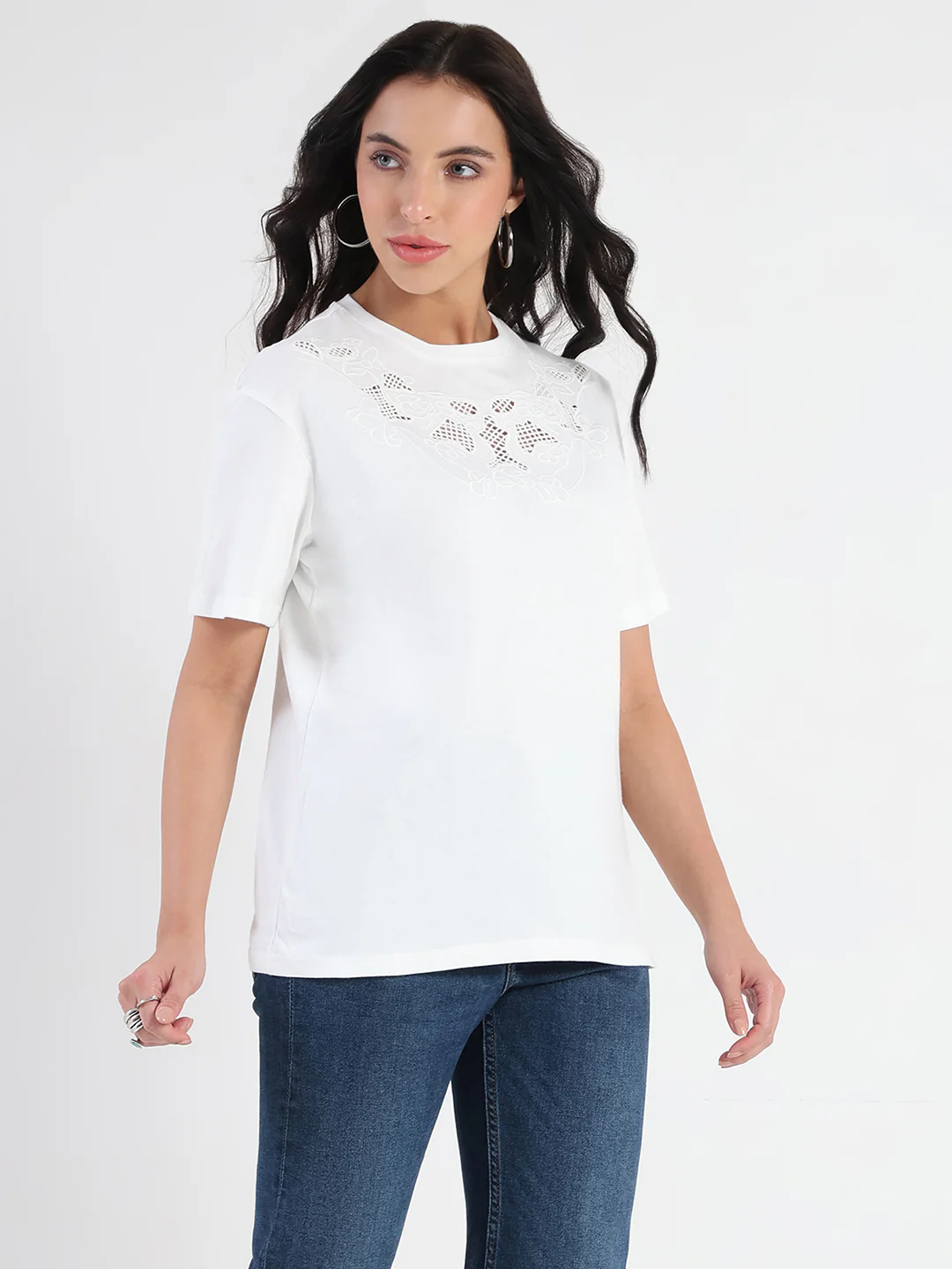 Madame Embroidered Round Neck White Cotton Lycra T-shirt - Image 4