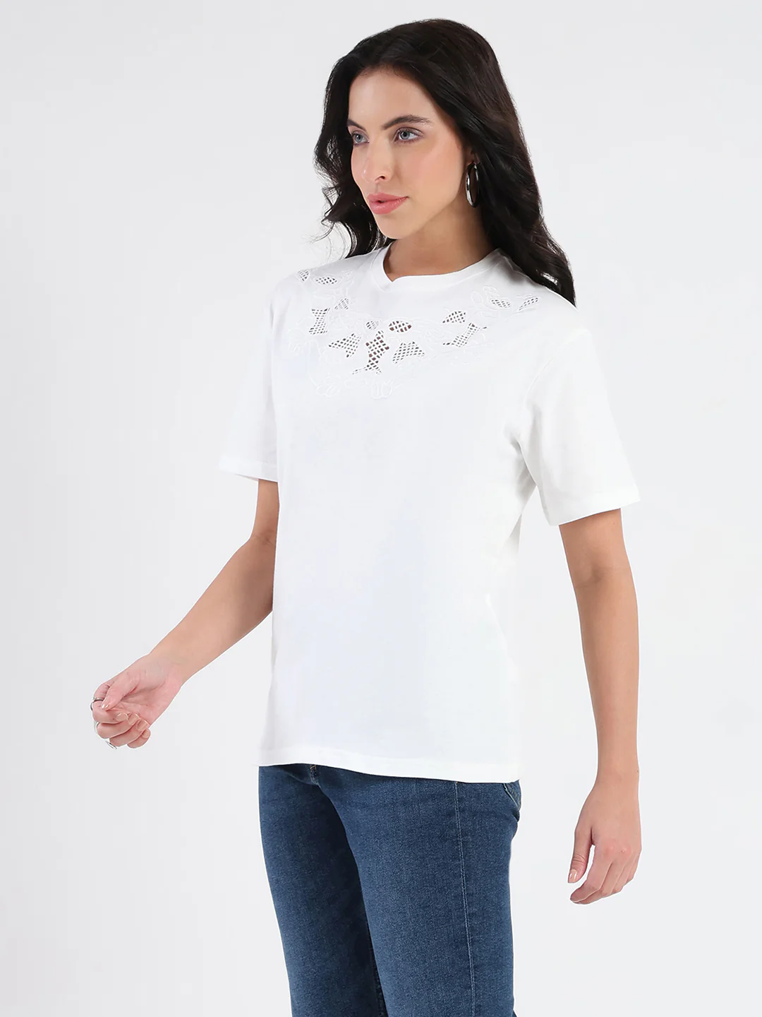 Madame Embroidered Round Neck White Cotton Lycra T-shirt - Image 5