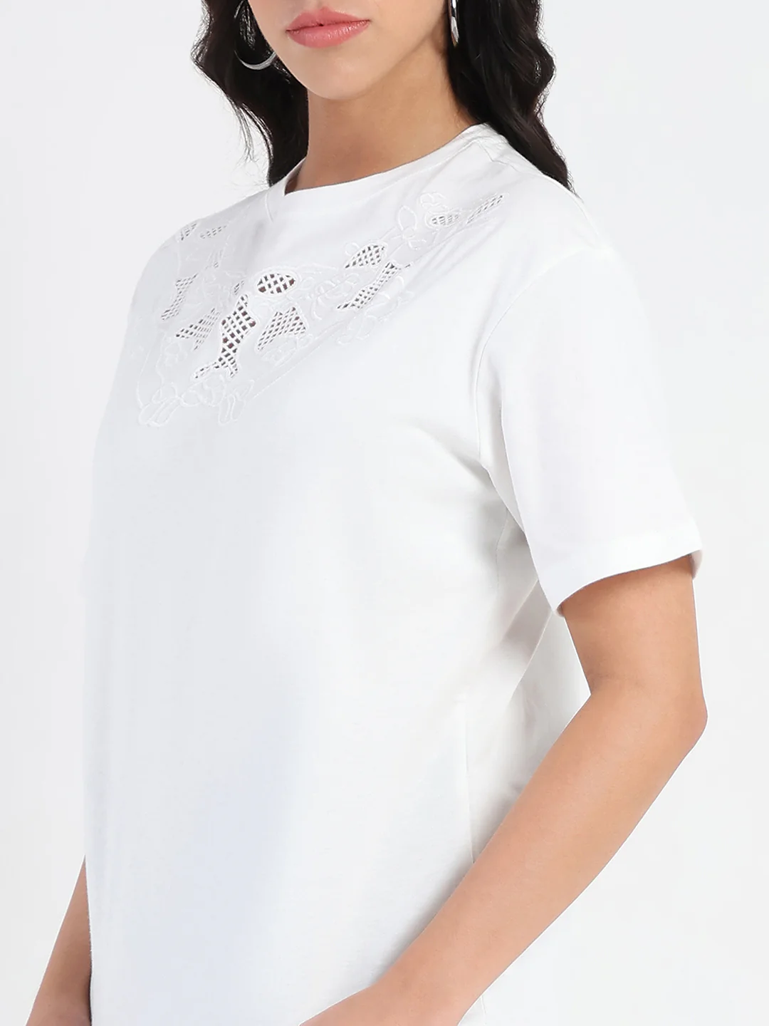 Madame Embroidered Round Neck White Cotton Lycra T-shirt - Image 7