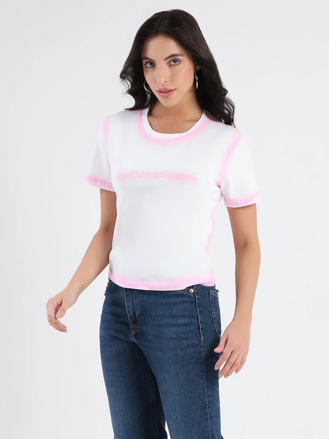 Madame Spray Painted Embellished Pink Cotton Crop T-shirt - Image 4