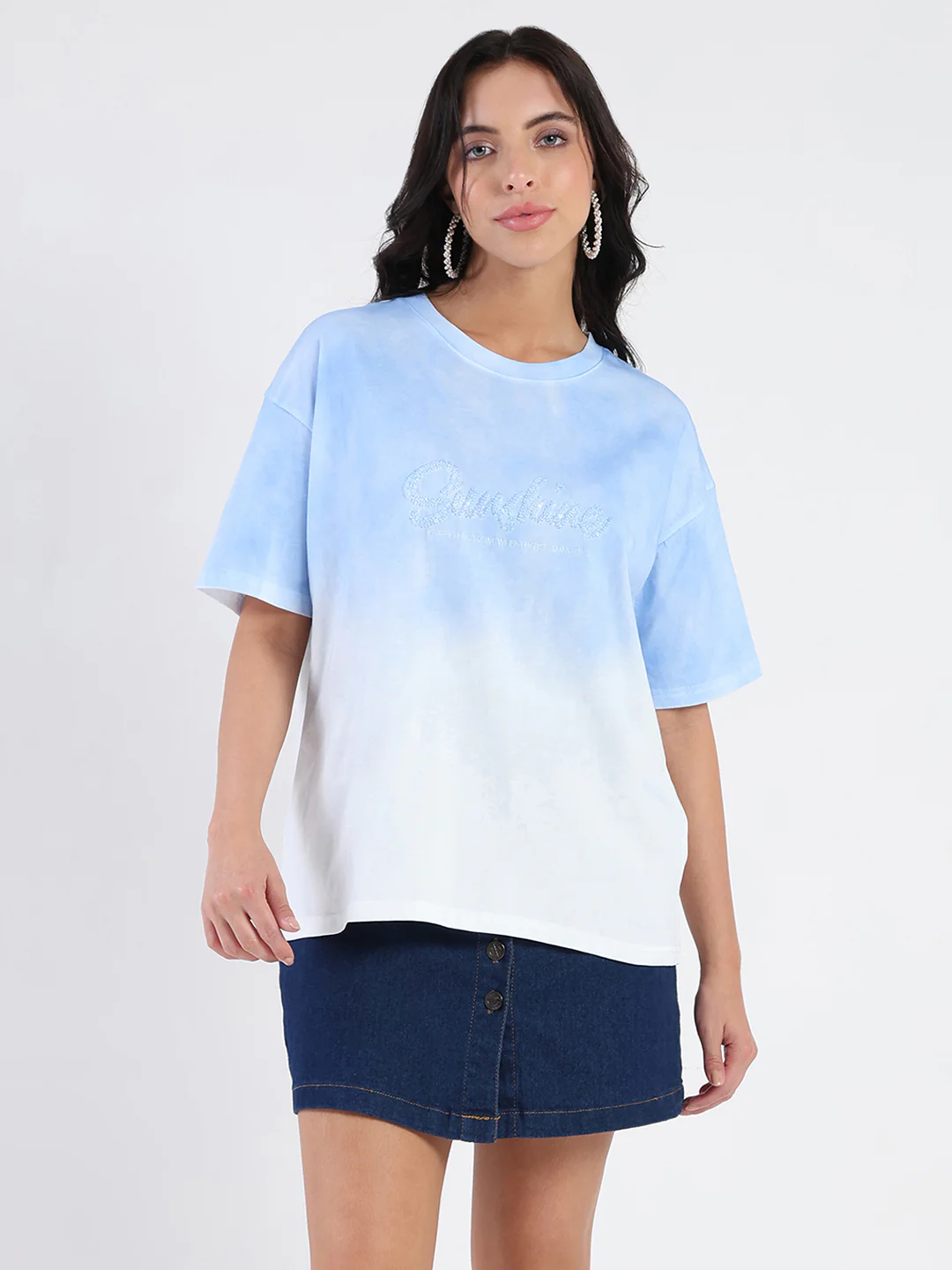Madame Ombre Loose Fit Sky Blue Oversize Cotton T-shirt - Image 3