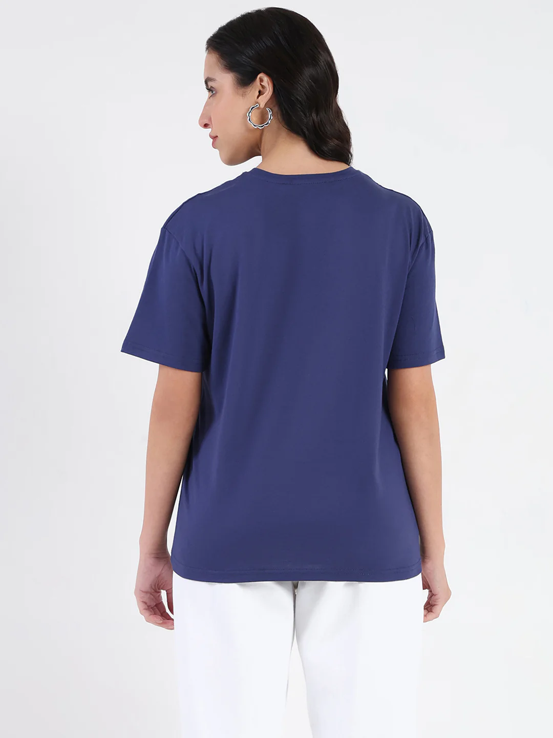 Madame Printed Embroidery Cutwork Navy Blue Crop T-shirt - Image 5