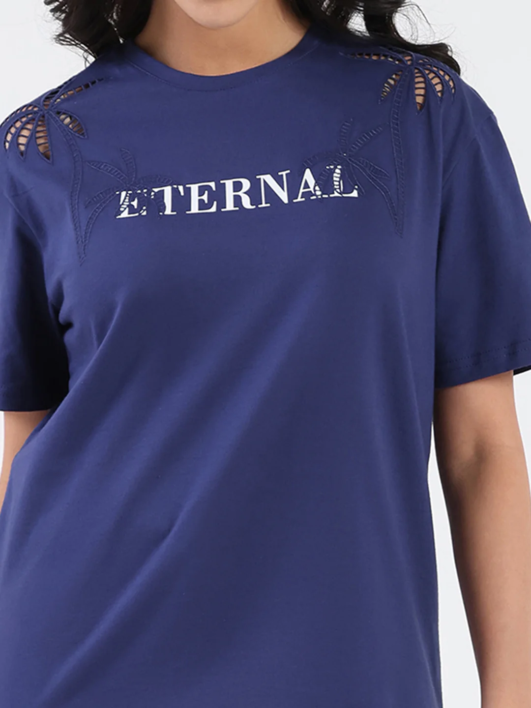 Madame Printed Embroidery Cutwork Navy Blue Crop T-shirt - Image 6