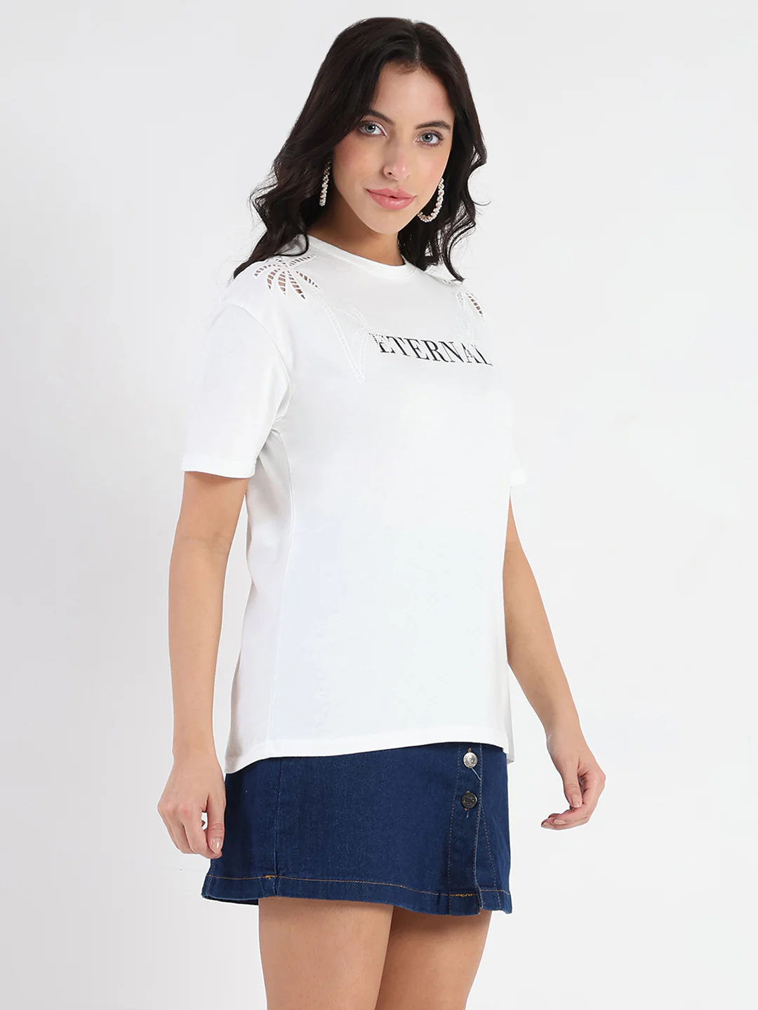 Madame Printed Embroidery Cutwork White Crop T-shirt - Image 3