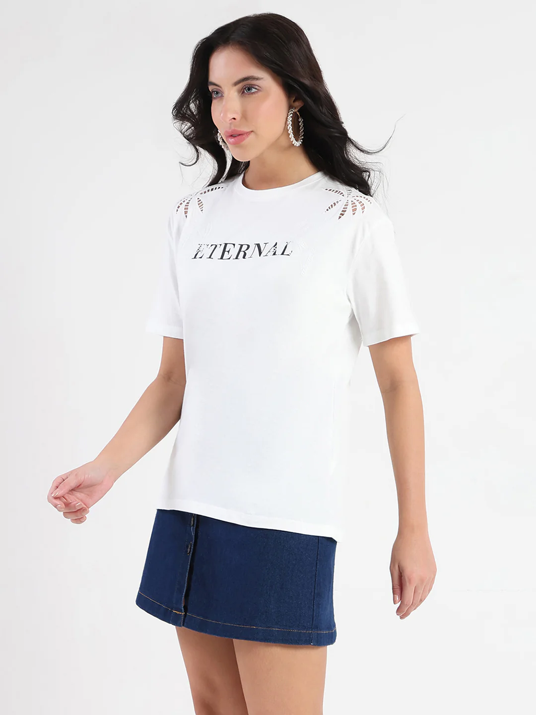 Madame Printed Embroidery Cutwork White Crop T-shirt - Image 4