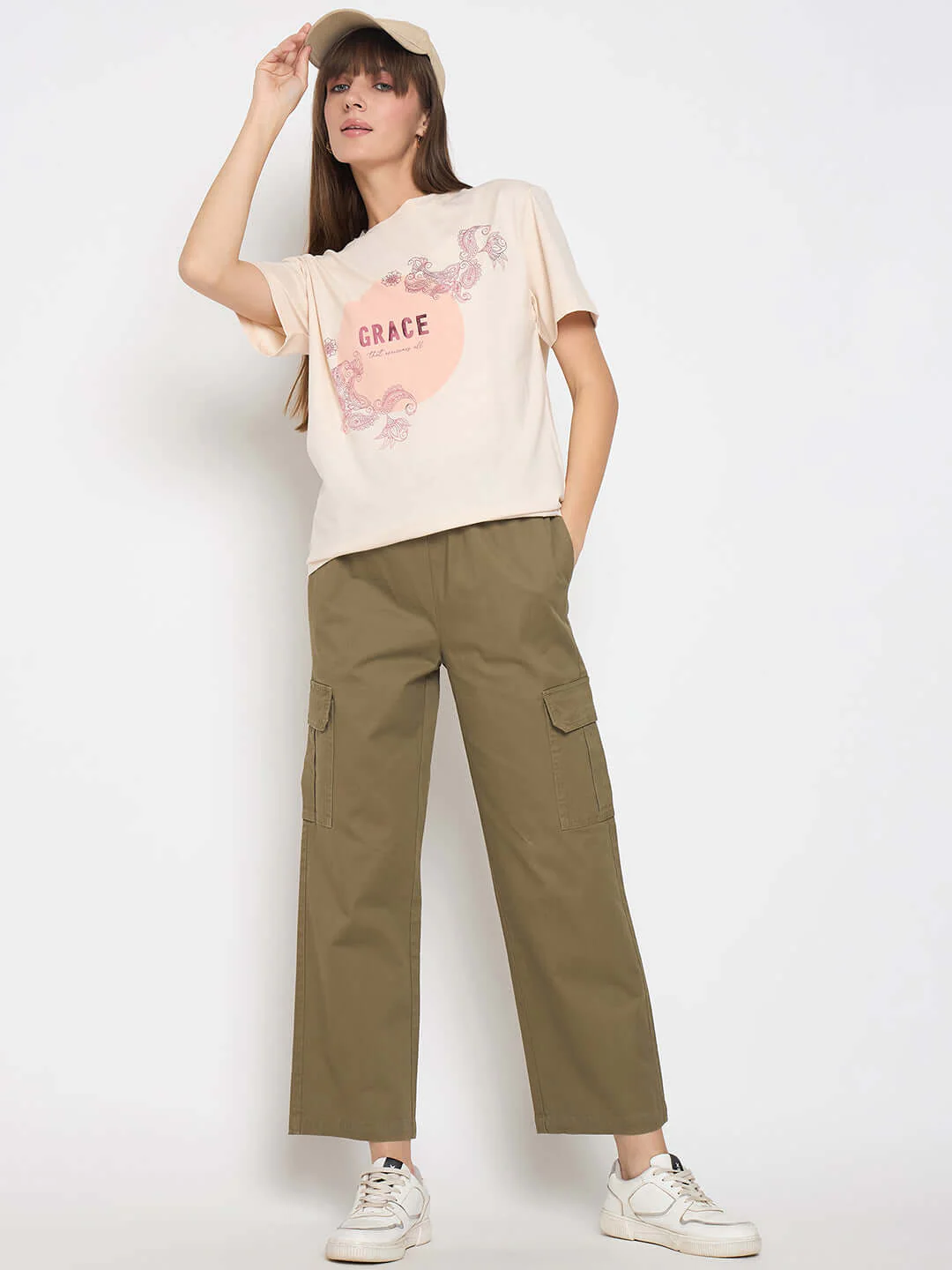Madame Sinker Graphic Print Foil Detailed Beige Tshirt - Image 2