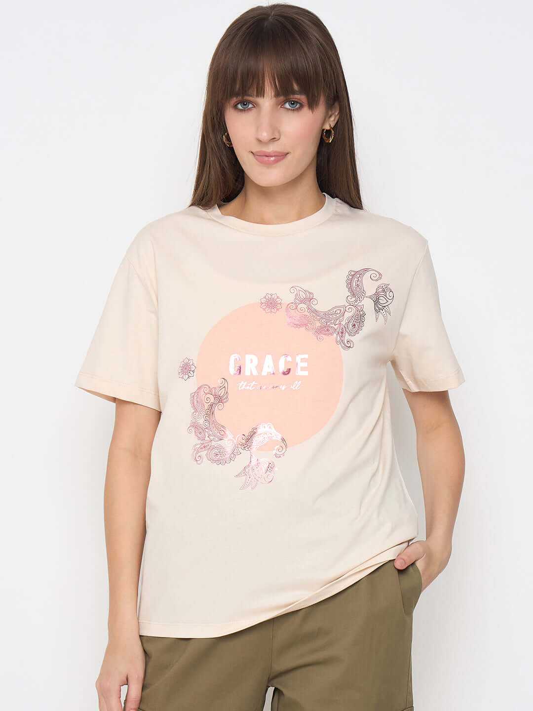 Madame Sinker Graphic Print Foil Detailed Beige Tshirt - Image 3