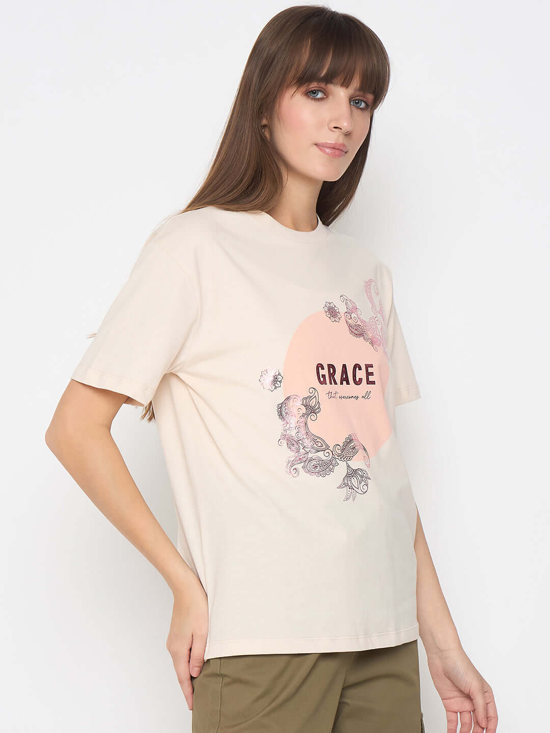 Madame Sinker Graphic Print Foil Detailed Beige Tshirt - Image 4