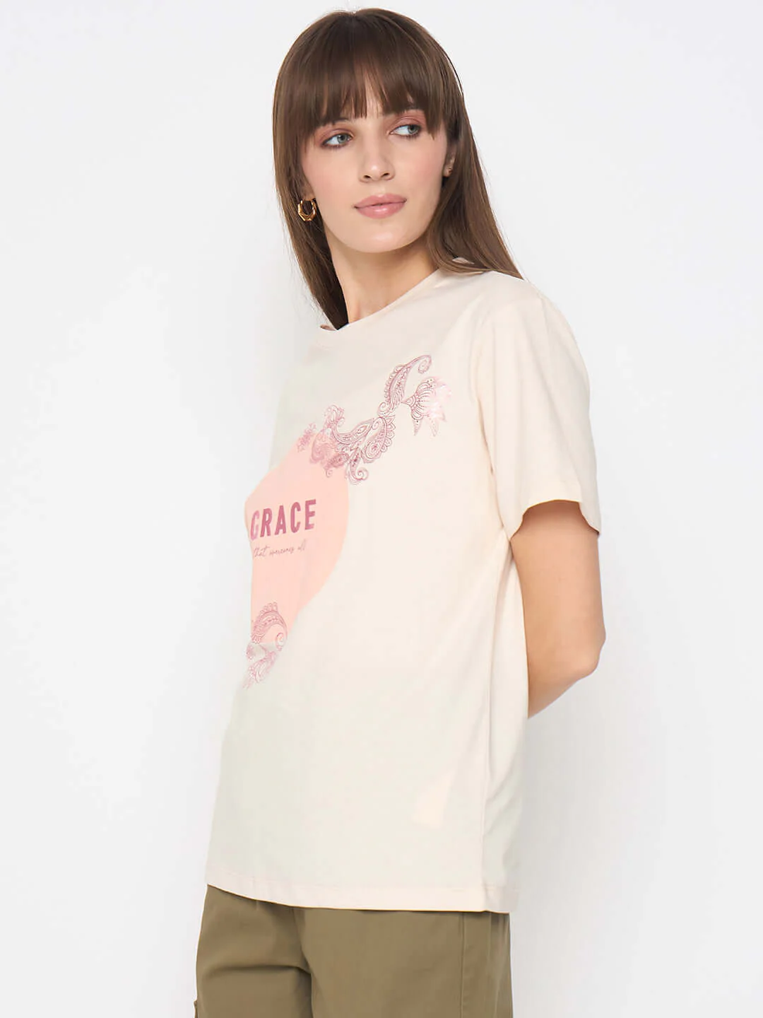 Madame Sinker Graphic Print Foil Detailed Beige Tshirt - Image 5
